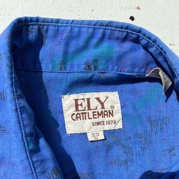 Men's Ely Cattleman Western Shirt Blue Art 15 1/2 Ranch Cotton Cowboy Rodeo Work - Picture 2 of 12